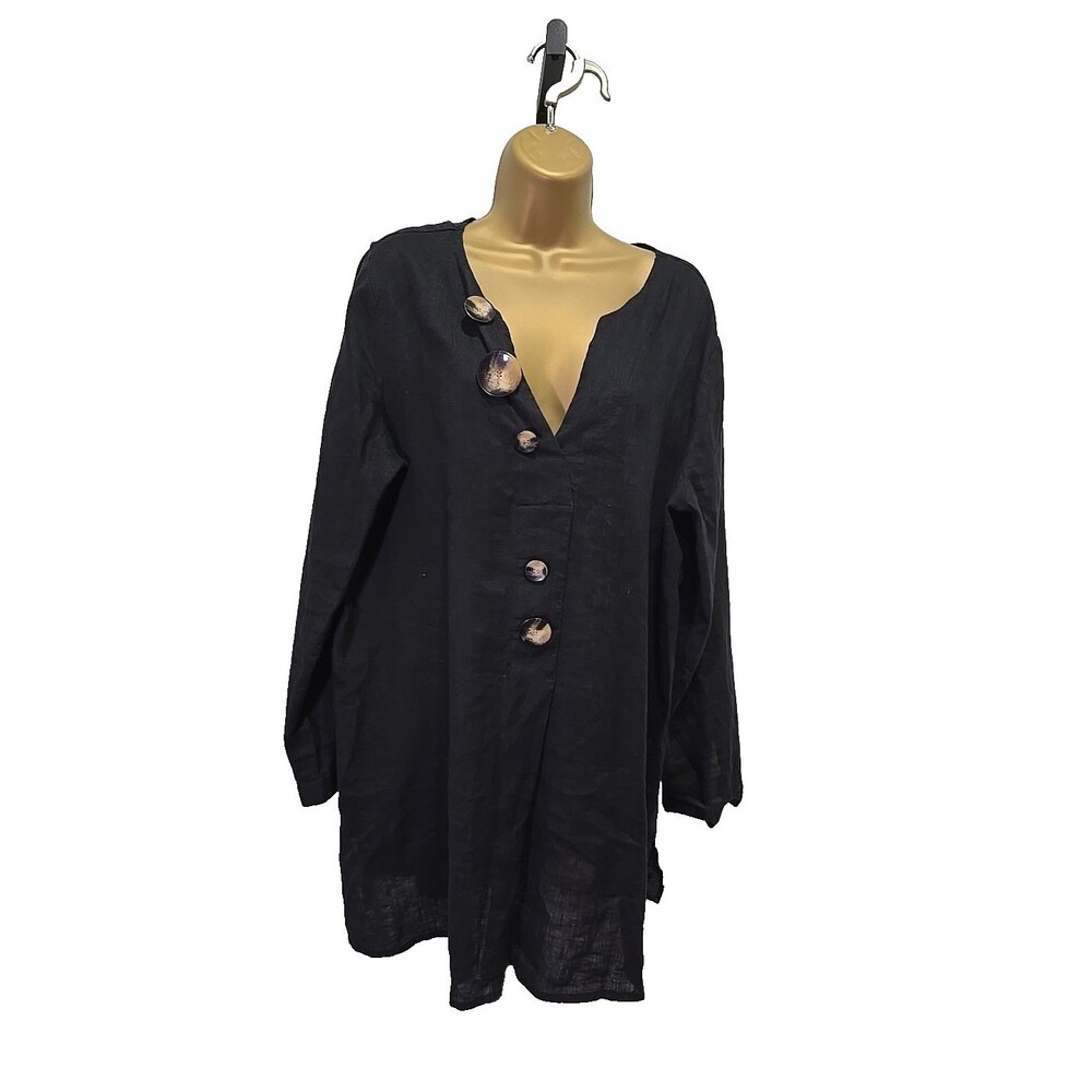 Vince Camuto Black Linen Tunic with Large Button Accents